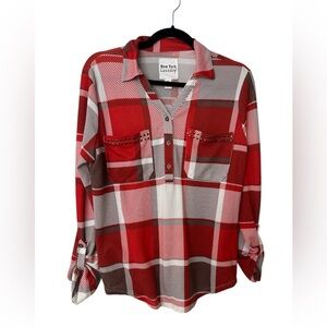 New York Laundry Red Plaid Shirt 3/4 Roll Tab Sleeve Size M